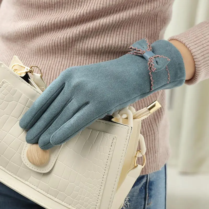 Women Deerskin Leather Winter Gloves, Fleece‑Lined Touch Screen Thick Thermal Mittens, Non‑Slip Windproof Heavy‑Duty Riding Gloves for Driving Cycling Outdoor Daily Wear
