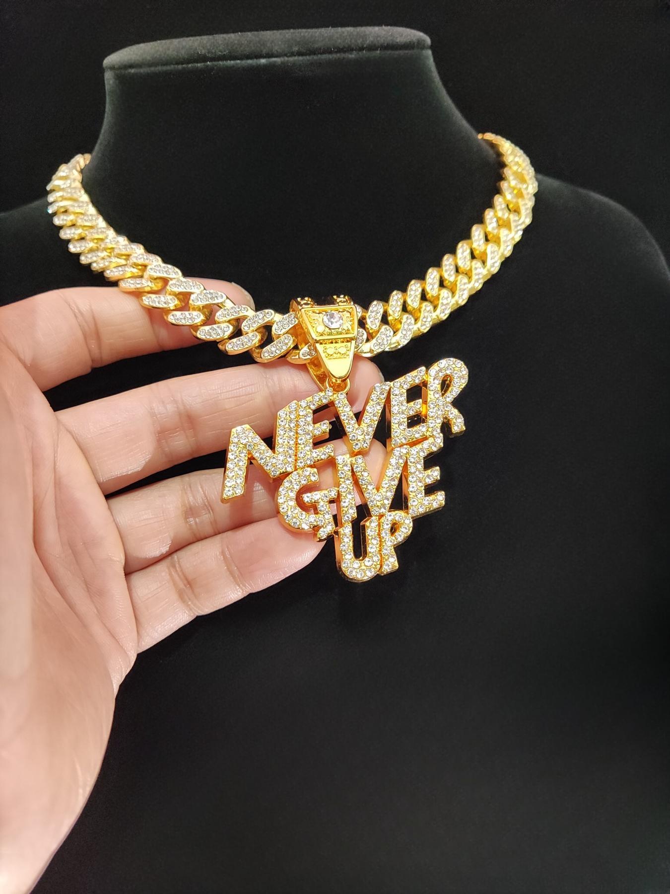 Fashion Rhinestone Decor Letter Cuban Chain Pendant Necklace for Men & Women for Summer, Hip Hop Cubic Zinc Alloy Chunky Chain Jewelry for Daily Wear Or Party, Anniversary Birthday Accessory Gift, Cuban Link Necklace