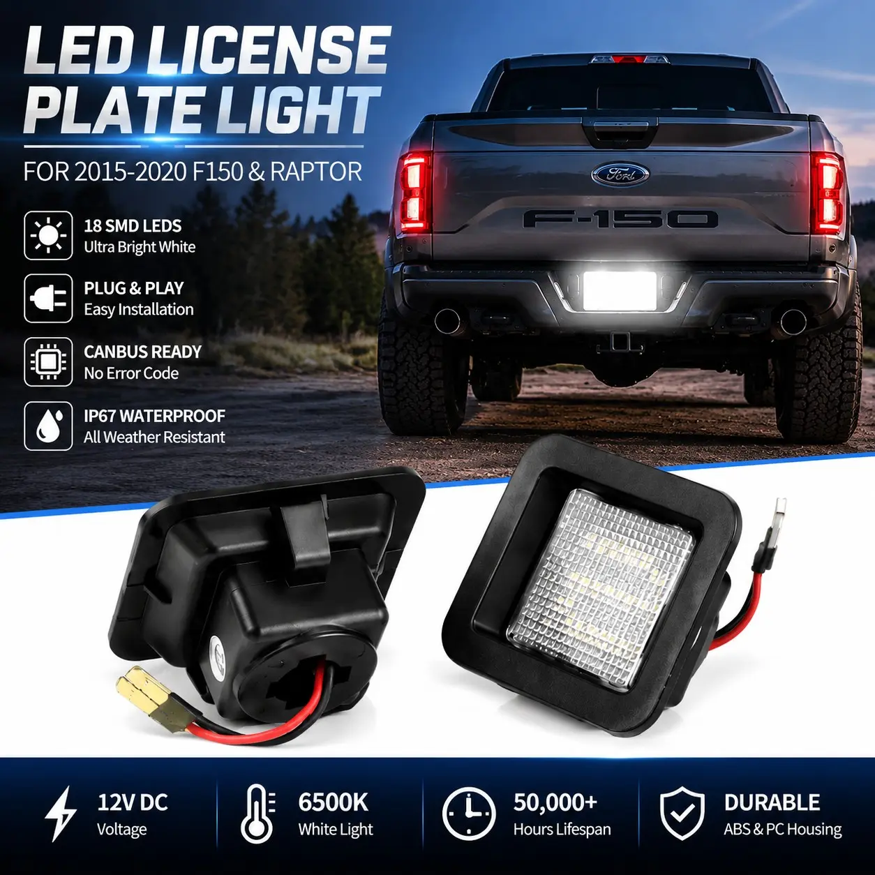 💡🚗2PCS LED License Plate Lights for Ford F150 2015-2020 & Raptor 2017-2020, 6500K White LED Tag Lamp Replacement, 18 SMD Super Bright, Canbus Error Free, Plug & Play Rear Number Plate Light, 12V 3W Waterproof ABS Housing