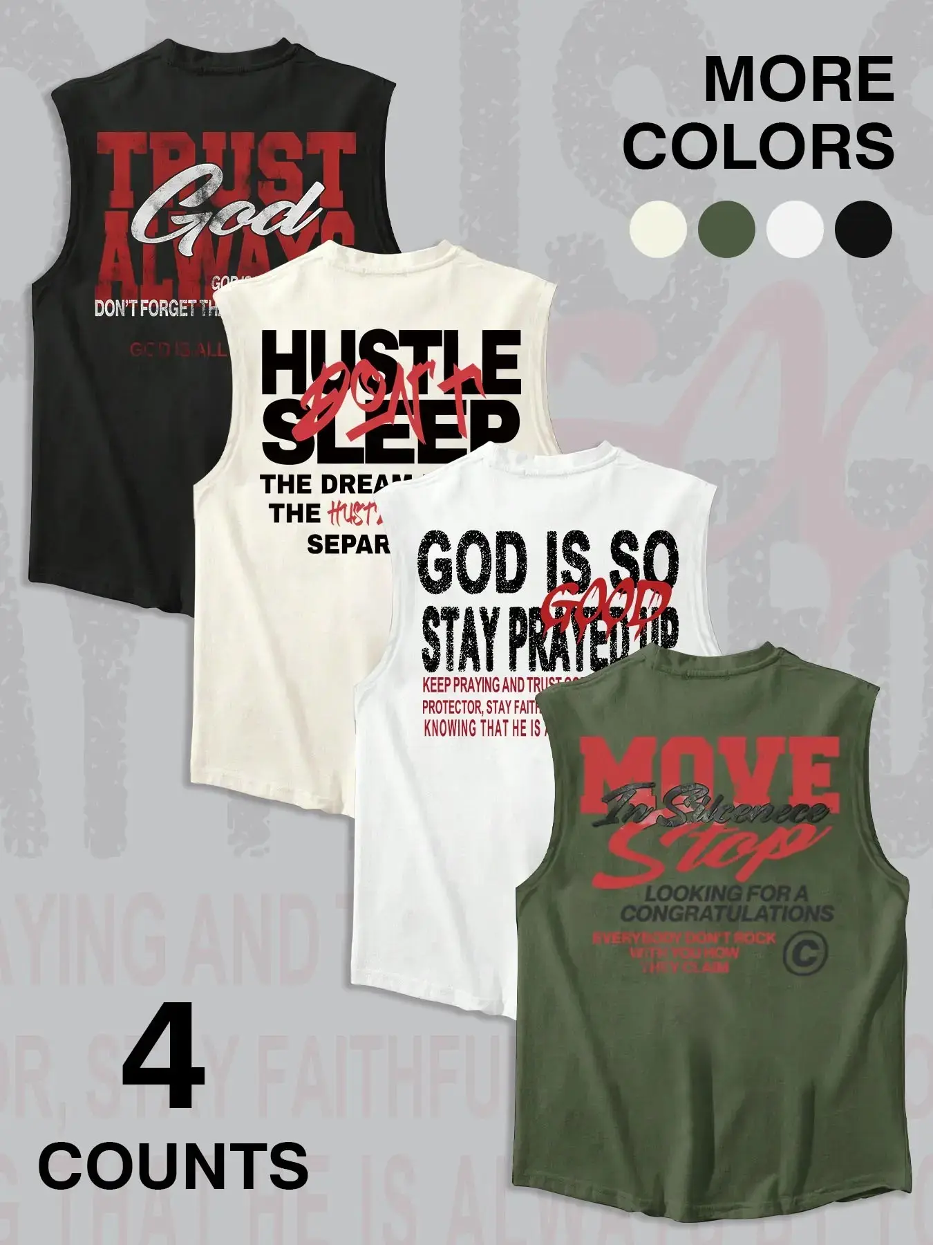 4 Pack Men Vintage Letter Graphic Sleeveless Tank Tops, Faith Hustle Motivational Print, Loose-Fit Street Style, Casual Workout Shirts