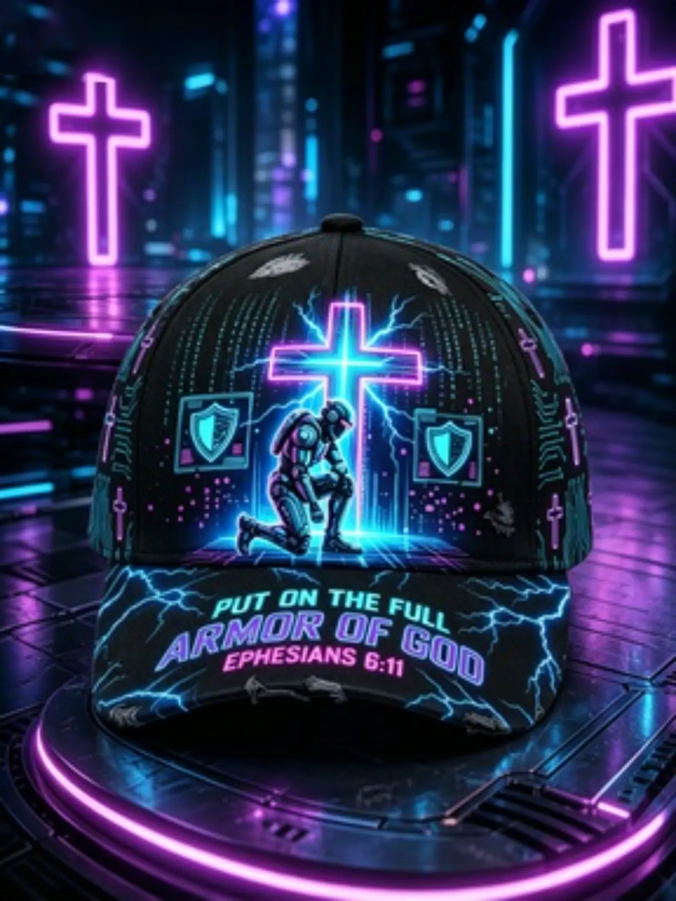 Cyberpunk Christian Cross Baseball Hat, God's Armor Bible Verse Print, Vintage Unisex Sunshade Cap, All Seasons Fitted Hat, Casual Hat, Adjustable Hat, Faith Cap, Baseball Caps