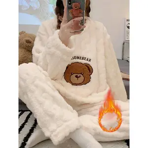 2-Piece Women's Warm Long Sleeve Sleepwear Set, Cute Embroidered Teddy Bear Design, Fluffy Loose Casual Home Wear for Comfort, Pajama Set Loungewear Homewear