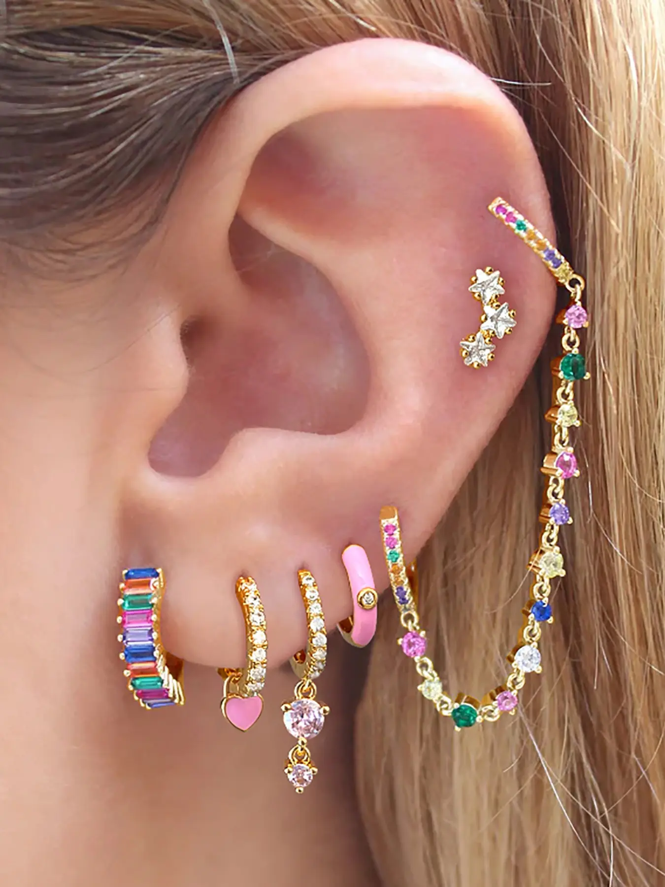 6Pcs Gold Plated Earring Stacking Set Luxury Rainbow Cubic Zirconia Stud Chain Drop Hoop Earrings Set Wedding Jewelry For Women