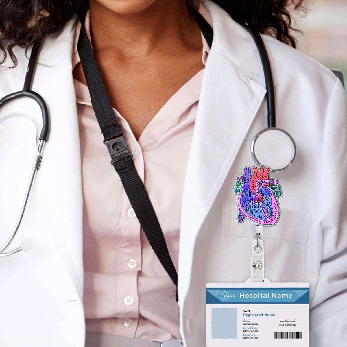 Cardiac Design Retractable Badge Holder, Nurse Badge Reel, 1 Count Name Badge Holder with Clip for Nurse Doctor Student Volunteer Employee, Identification Badges & Supplies for Office School, Nursing Badge Reel
