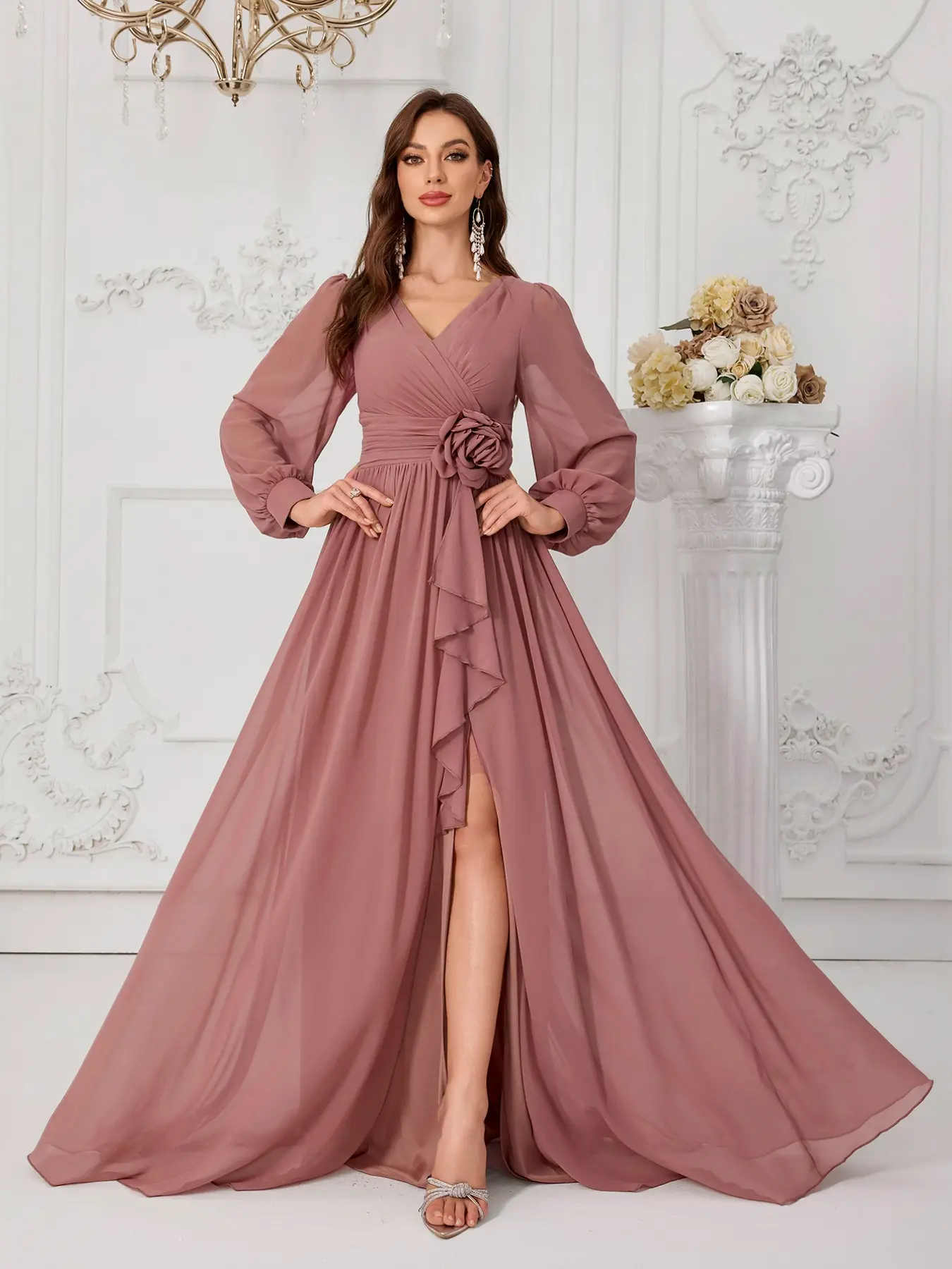 Women's V-Neck Lantern Long Sleeve Dress, Handmade Floral Waist Decoration, High Split Formal Evening Party Gown, Elegant Cocktail Dress, Formal Wear