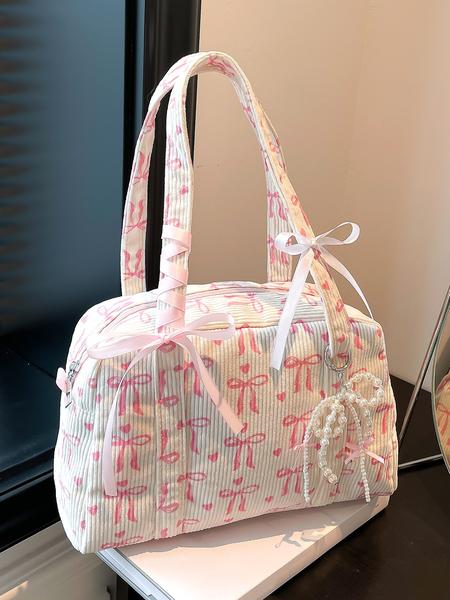 Valentine's Day gift, niche design sweet pink velvet shoulder bag, corduroy butterfly bow with pearl pendant armpit bag, Fashionable shopping purse, cute, multi-functional, suitable for students commuting, shopping, etc.