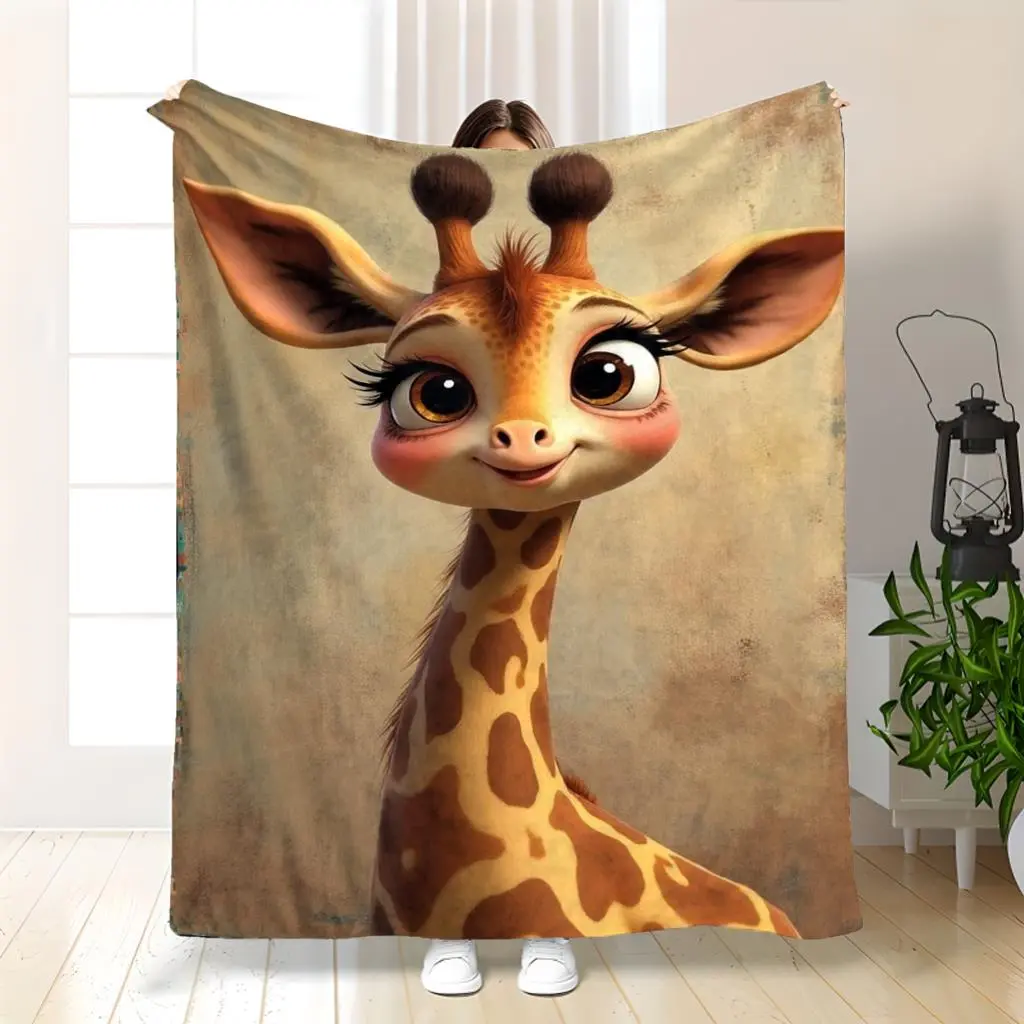 1Pc Cute Giraffe Print Blanket - Soft Flannel Bedspread With Adorable Giraffe Face & Expressive Eyes, Neutral Beige/Brown Tones Suitable For Bed, Sofa, Travel, Camping - Cozy Bedding For & S