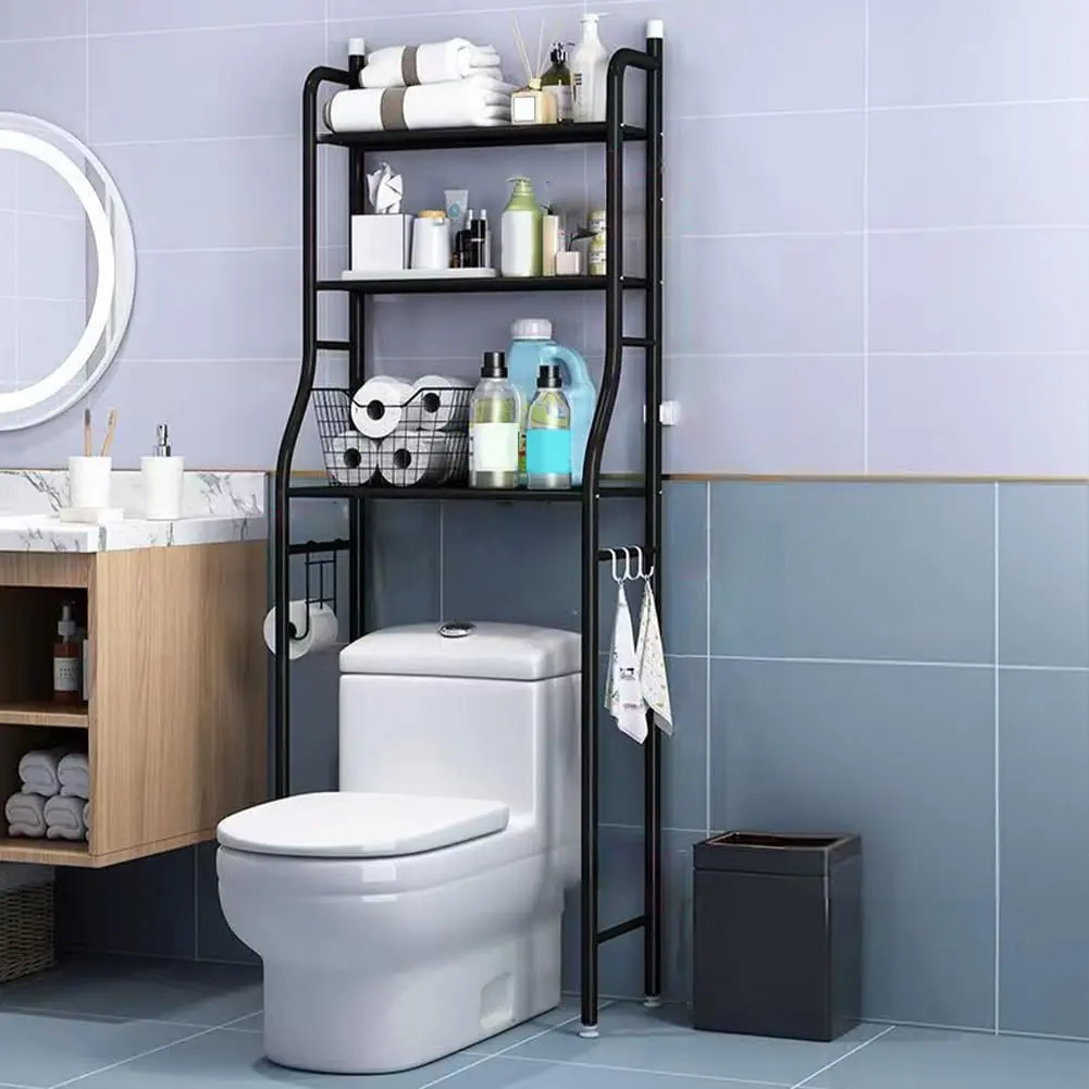 Over-the-Toilet Storage Shelf, 3-Tier Freestanding Bathroom Space Saver Organizer Rack - Removable Towel Hooks - Toilet Paper Holder, White