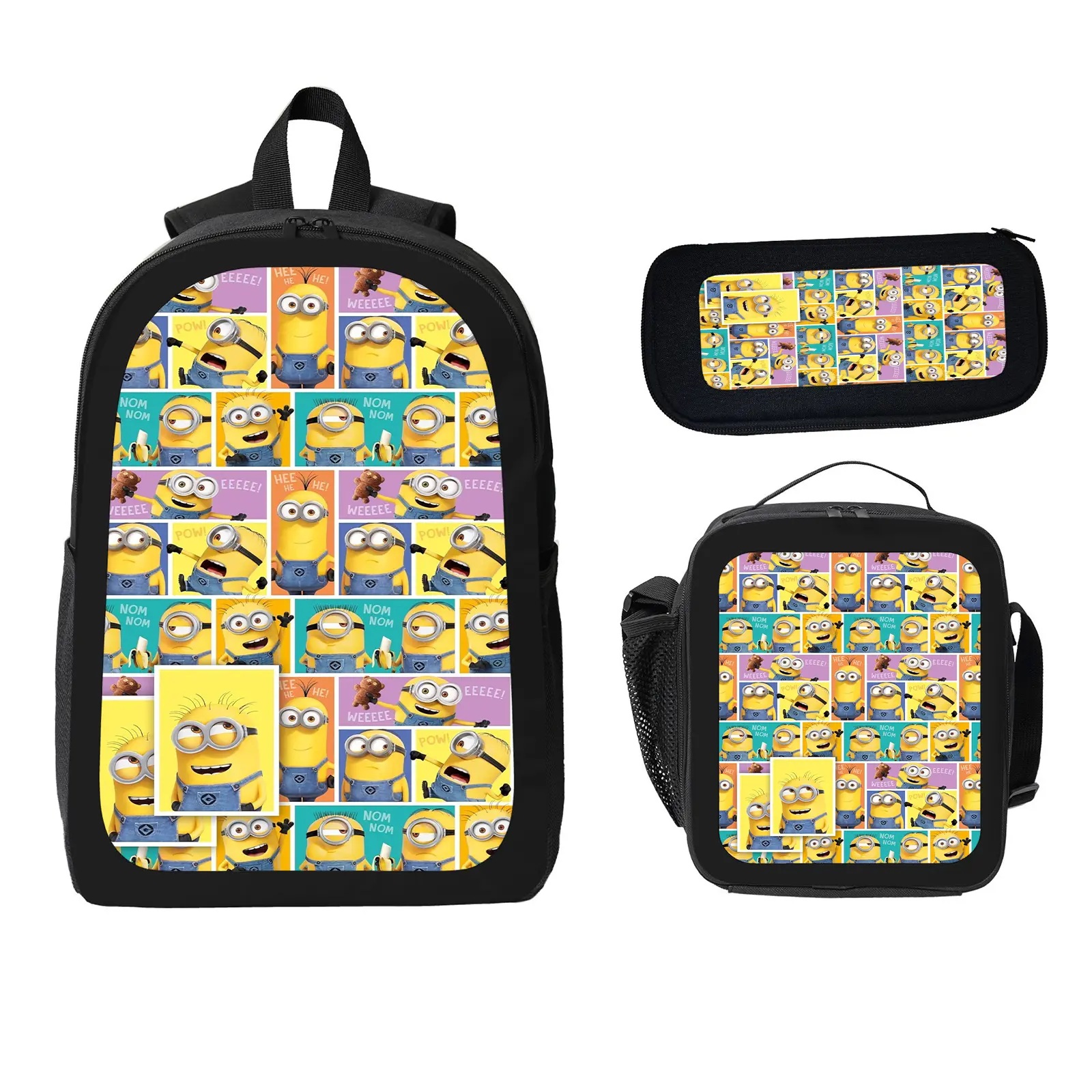 Minions 3 Pcs School Backpack Set for Boys Girls Kids, Large Capacity Bookbag with Insulated Lunch Bag Pencil Case, Water Resistant Travel Daypack for Elementary Middle School d-72