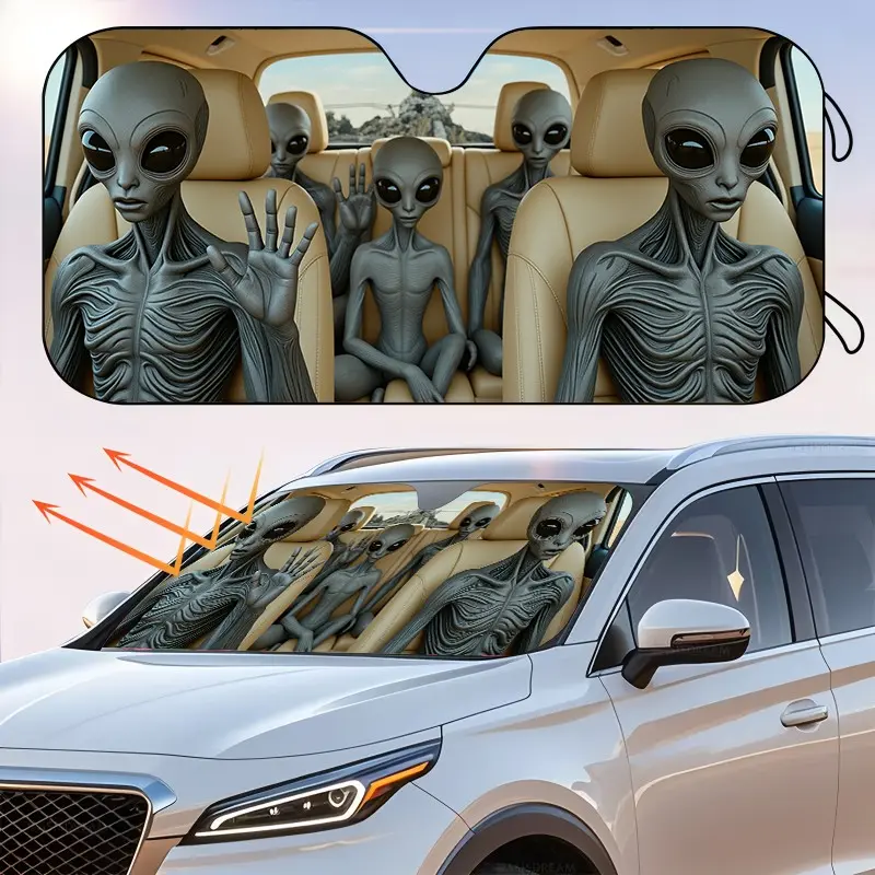 Funny Alien Crew Car Windshield Sunshade with 2 Suction Cups, Universal Fit Front Window Sun Shade, Blocks UV Rays & Keeps Car Cool, Novelty Auto Sun Protector