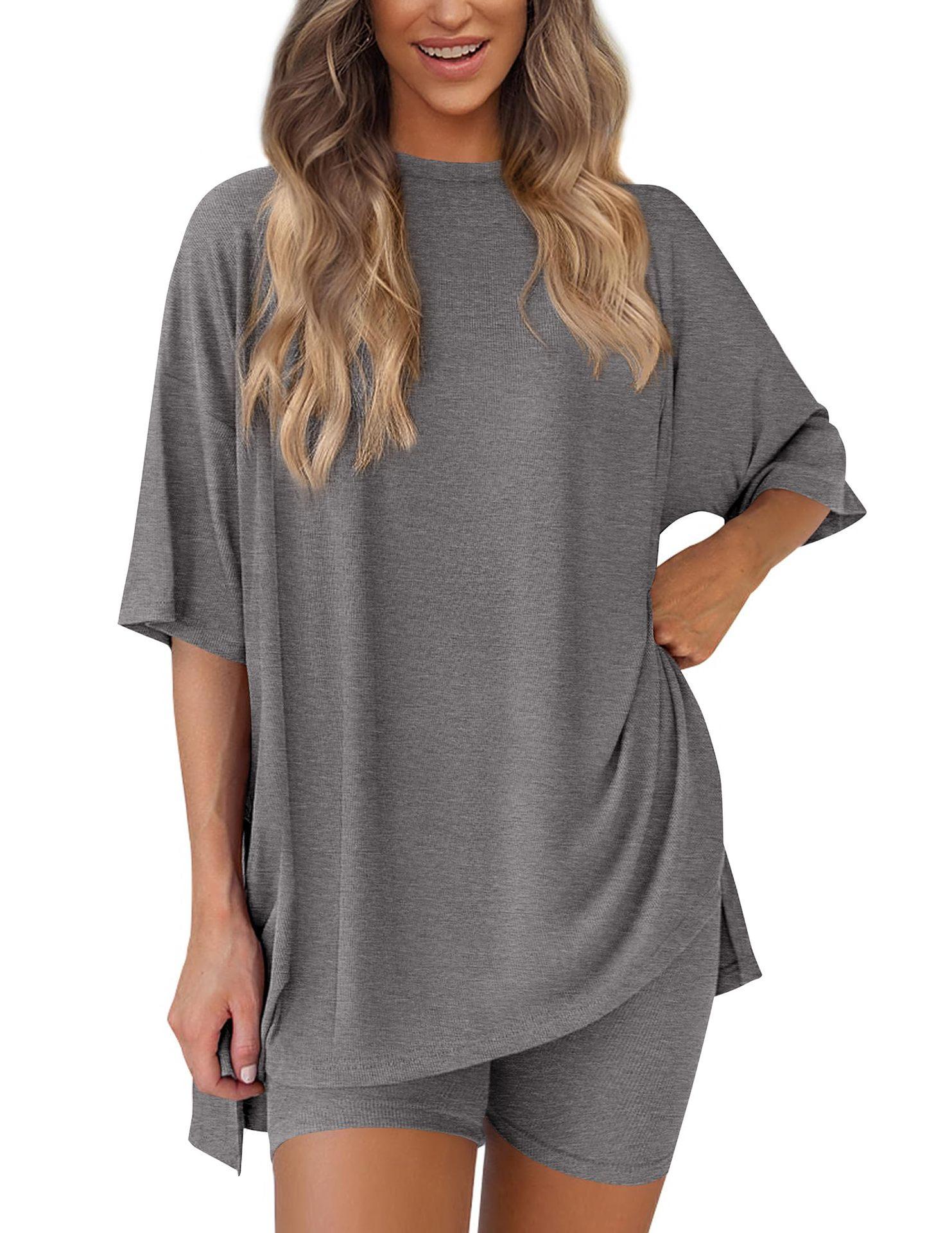 Women's 2-Piece Lounge & Workout Set |   Oversized Side Split T-Shirt + High Waist Shorts, Solid Comfy Outfit XS-4XL