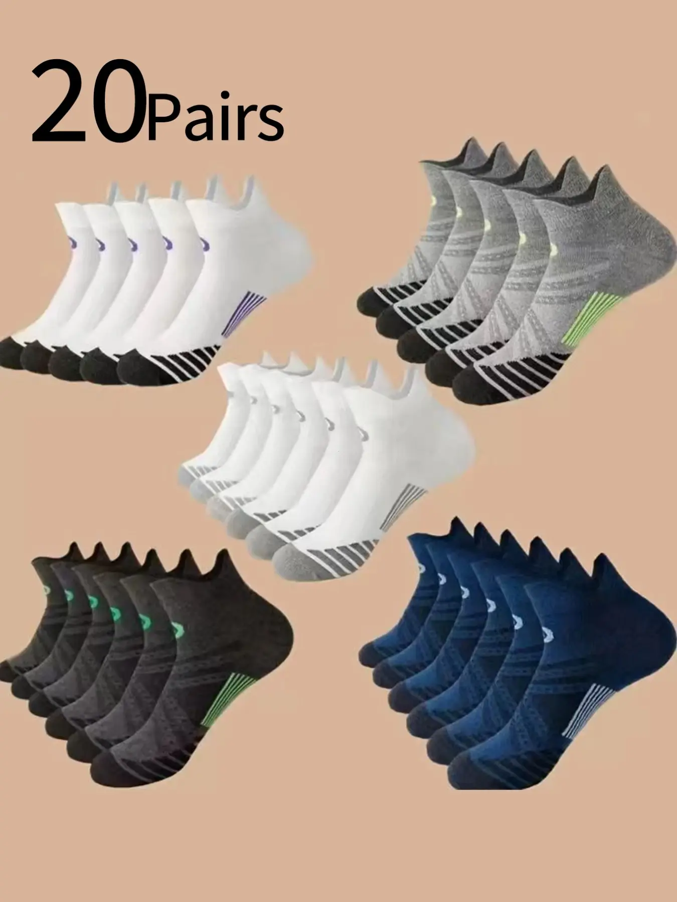 20 Pairs Men's Sporty Ankle Socks, Sweat-Wicking Breathable Training Crew Socks, Basketball Short Tube Socks, Outdoor Hiking Socks, Sports Socks