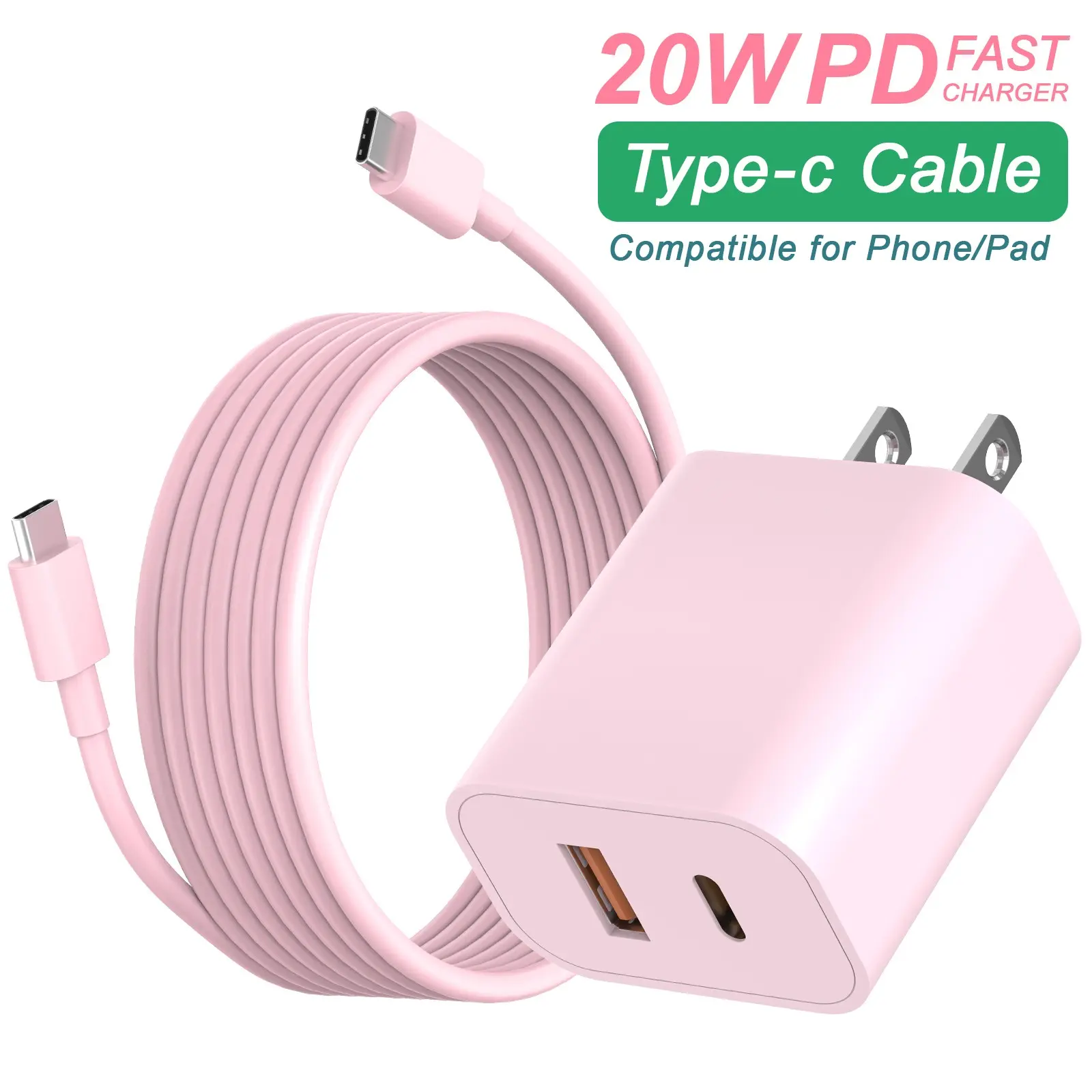 2026 New 20w Dual Port Fast Charging Charger Kit, 20w USB C Electronic Wall Adapter, 10ft C-To-USB C Cable, Compatible with Cellphones and Tablets, Multiple Colors Available