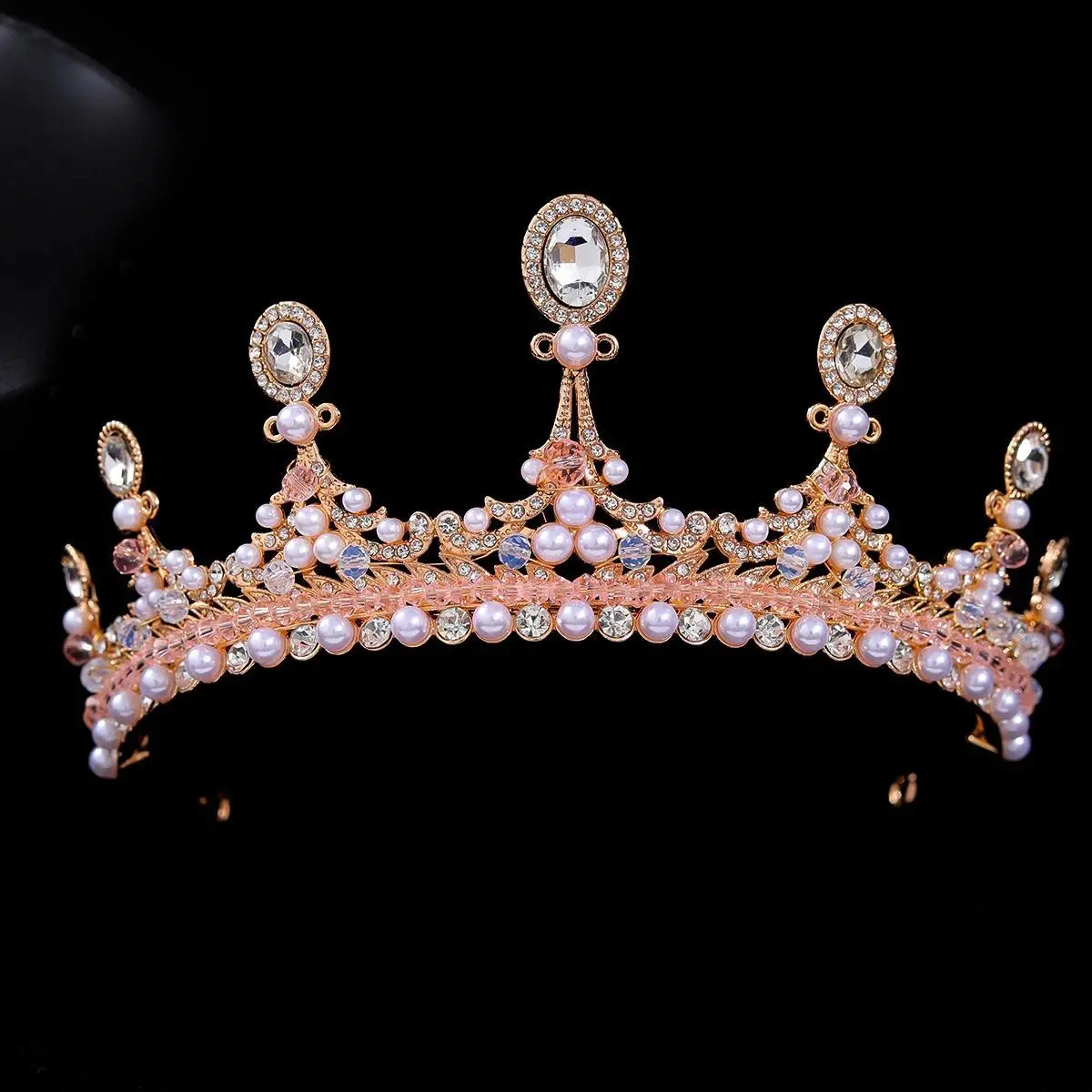 Fashion Gold Pink Crystal Handmade Tiaras And Crowns For Women Bride Wedding Hair Accessories Pearl Head Jewelry