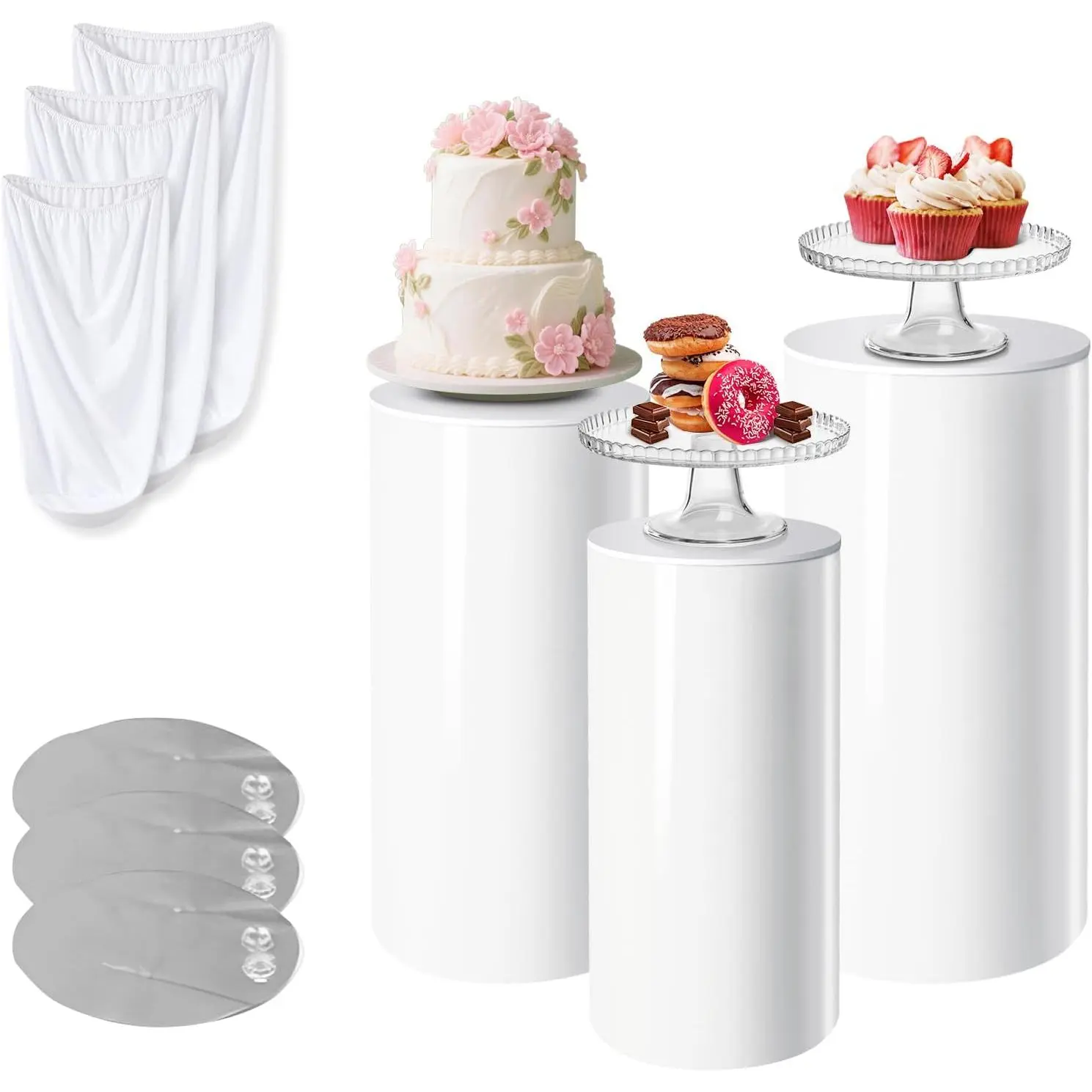 3 Pcs White PVC Cake Stand, Cylinder Pedestal Stands, Cylinder Stands for Party, with Weighted Water Bag & Spandex Cloth Cover for Wedding, Birthday Decor, 34.06''(L), 29.13''(M), 23.82''(S)