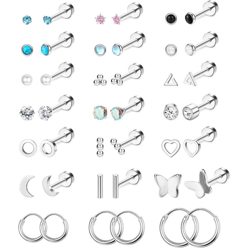 Jstyle 21 Pairs Stainless Steel Stud Earrings for Women Cartilage Trague Stud Earrings Hypoallergenic CZ Earrings Studs Pearl Stud Earrings Silver Star Round Ball Stud Novelty Earrings Set Daily