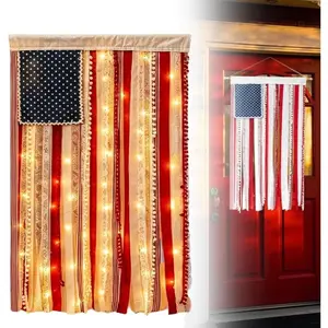 Lighted American Flag Banner with LED Fairy Lights, Rustic Patriotic Tassel Garland, Reusable Decoration for 4th of July, Independence Day, Summer Parties, Porch, Yard & Home