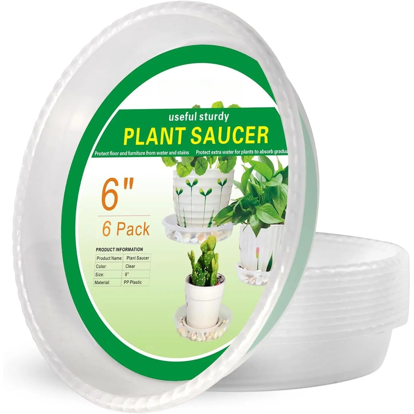 6 Pack PP Plastic Flower Pot Saucers - 6/8/10/12/14 Inch Heavy Sturdy Drip Trays for Indoor Pots, Floor Protection & Water Drainage Liners (6'' Size)