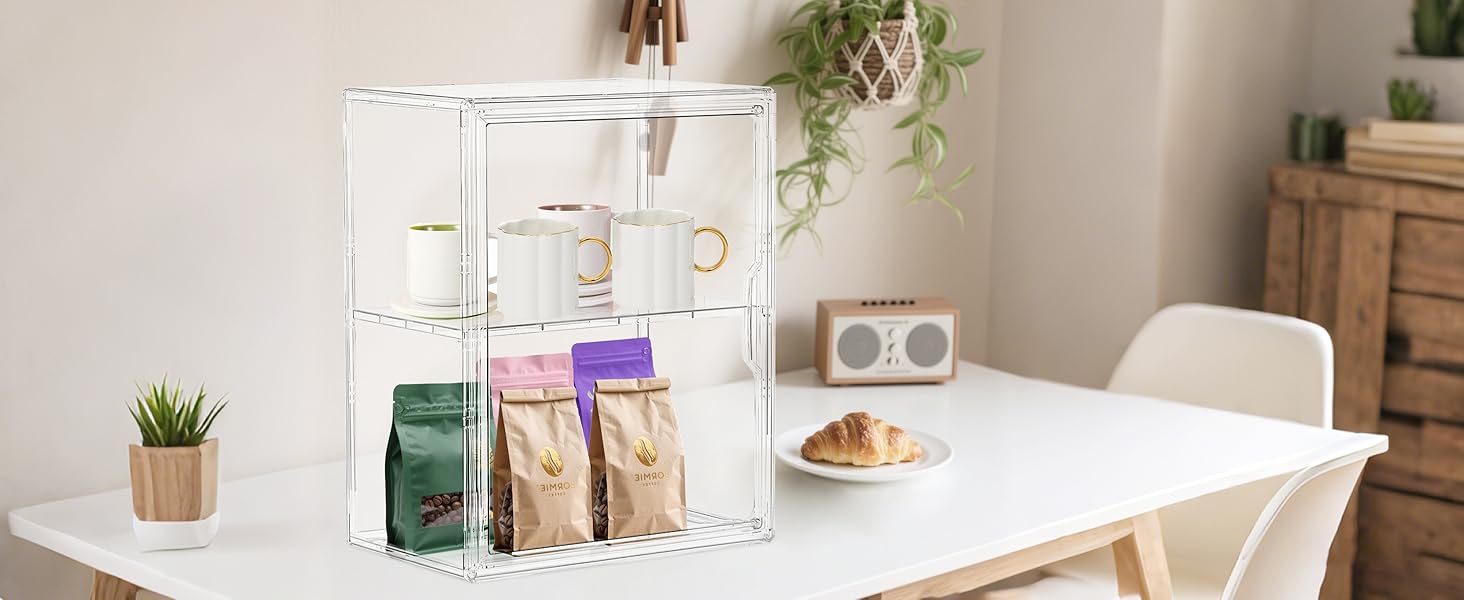 Acrylic Display Case for Collectibles, Clear Storage Bin with 3 Adjustable Layers and 1 Removable Divider, Stackable Clear Storage Box with Magnetic Door for Figures, Home or Office,Large