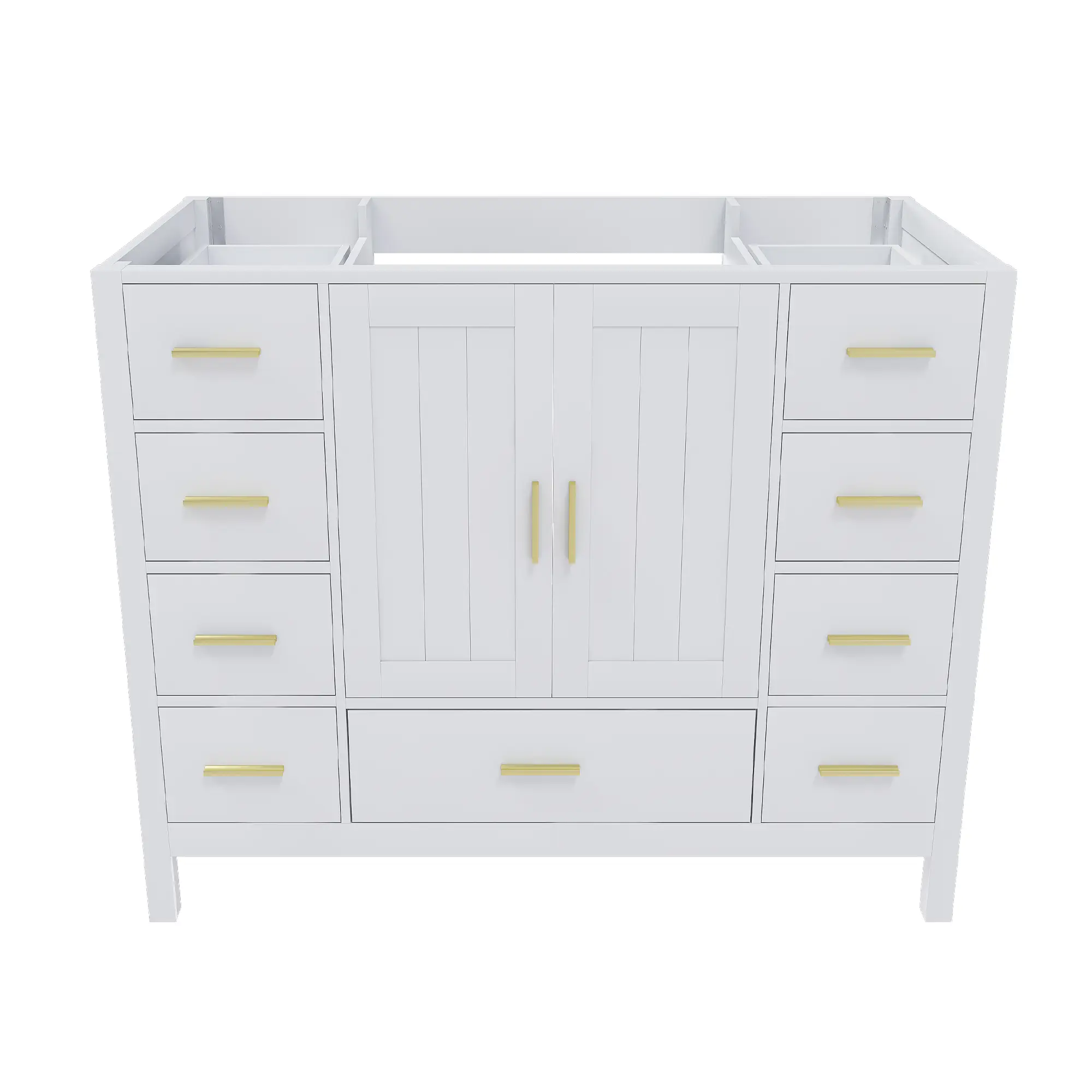 Nokaa 42-Inch Bathroom Vanity Base Cabinet, White Wood Floor Storage with 2 Soft-Close Doors & 9 Drawers, Modern Bathroom Organizer with Gold-Tone Handles, Multiple Options