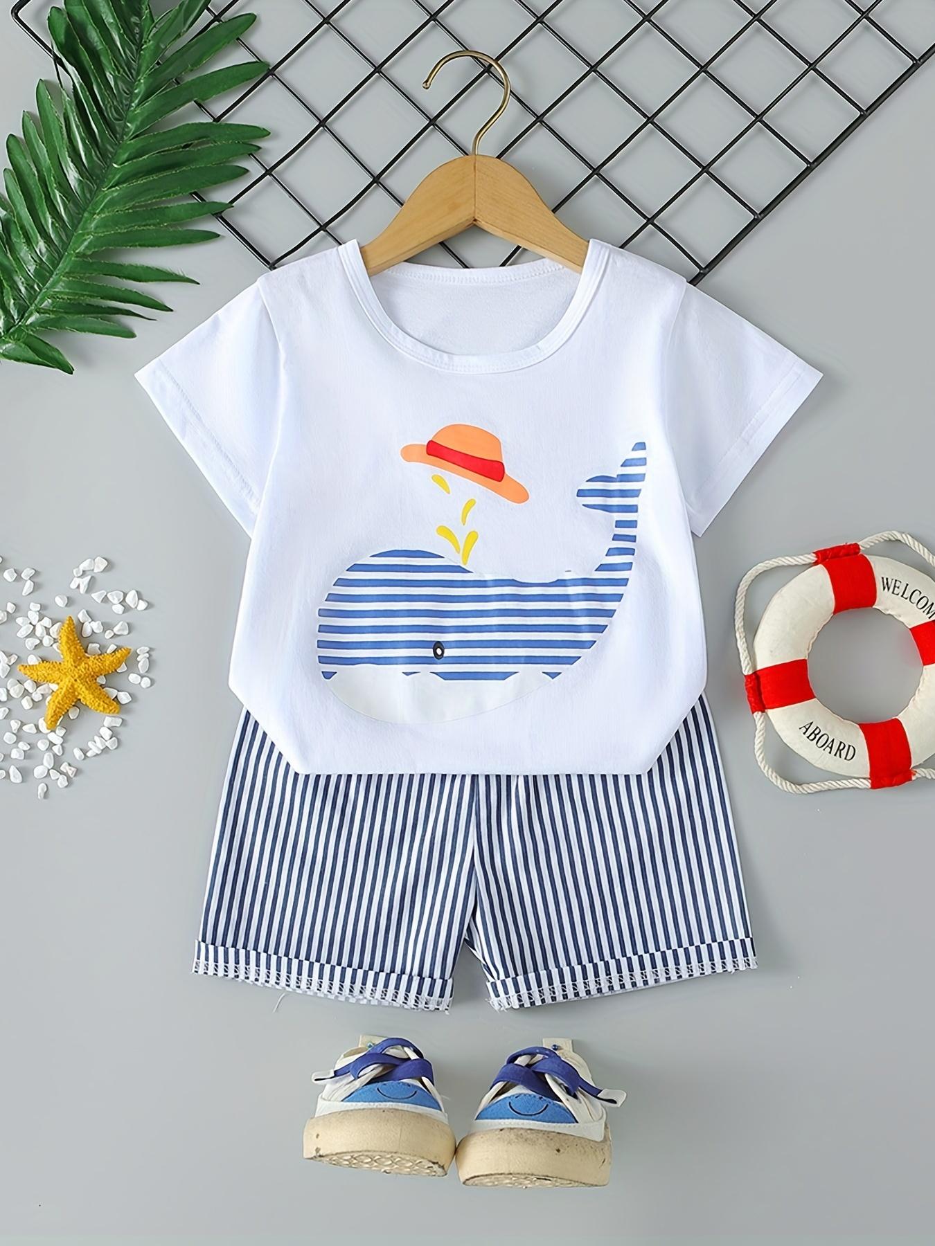Boys' Casual Summer Outfit - Cute Cartoon Design with Whale & Hot Dog Graphic - Short Sleeve T-Shirt & Whale Shorts Set - Blue & White Striped Pattern - Regular Fit for Casual Attire - Boy Shorts - Everyday Kids Clothing - Playful Kids Fashion -