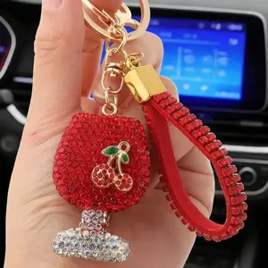 🔑 Sparkling Rhinestone Wine Glass Keychain for Car Keys ｜ Crystal Cherry Fruit Bag Charm & Keyring Hanging Accessory for Women