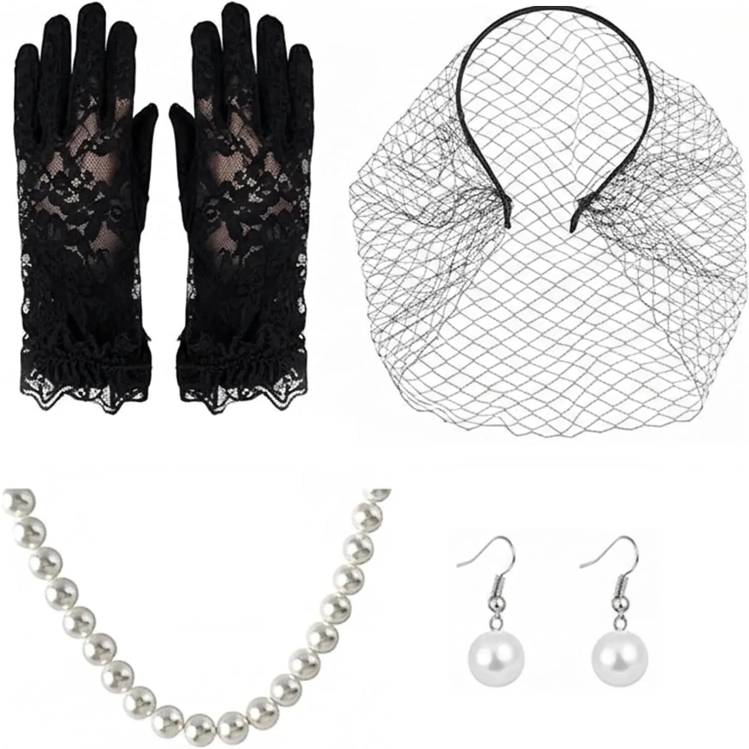 5 count Elegant Evening Accessories Set – Black Lace Veil, Lace Gloves, Faux  Necklace, and  Drop Earrings –  Gothic Style for Formal Events and Parties