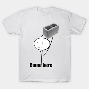 Men's Casual Short-Sleeve Classic Cotton Fabric Graphic T-Shirt - Unisex, Come Here Stick Figure Holding Cinder Block Funny Threat Meme Design