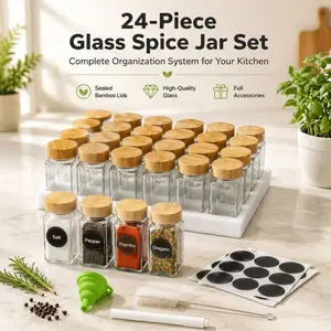 24 Pack Glass Spice Jars with Natural Bamboo Lids, Square Empty Seasoning Containers with Labels & Accessories for Kitchen Cabinet Spice Storage