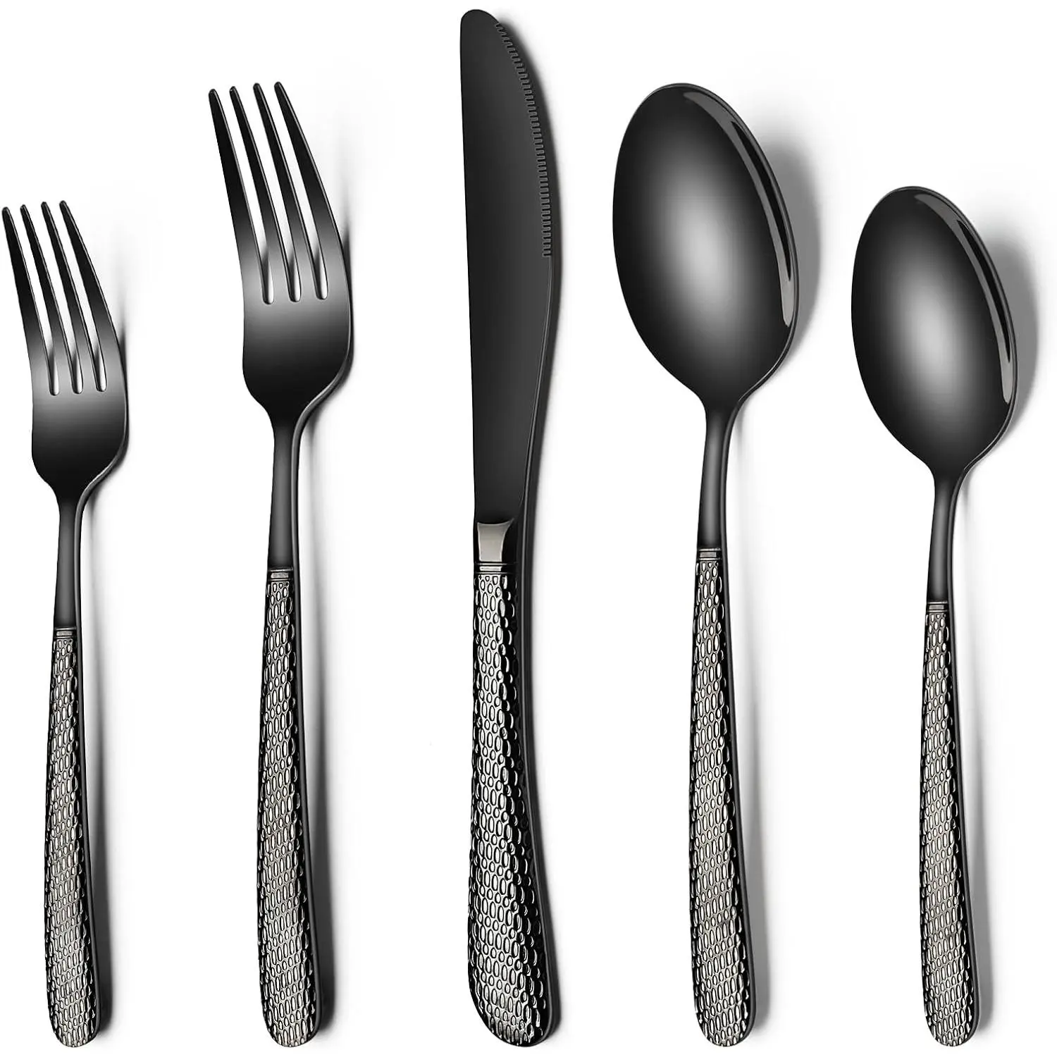 Black Hammered Silverware Set, 40- Stainless Steel Heavy Duty Flatware Set for 8, -Grade Tableware Cutlery Set, Utensil Sets for  Restaurant, Mirror Finish, Dishwasher Safe