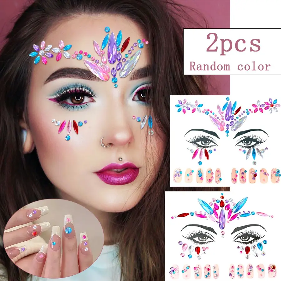 2Pcs Random Colorful Flower & Teardrop Face Rhinestone Stickers, Forehead Gem Decals for Music Festival, Matching Nail Rhinestones, Sparkly Eye & Face Makeup Decor for Stage Party