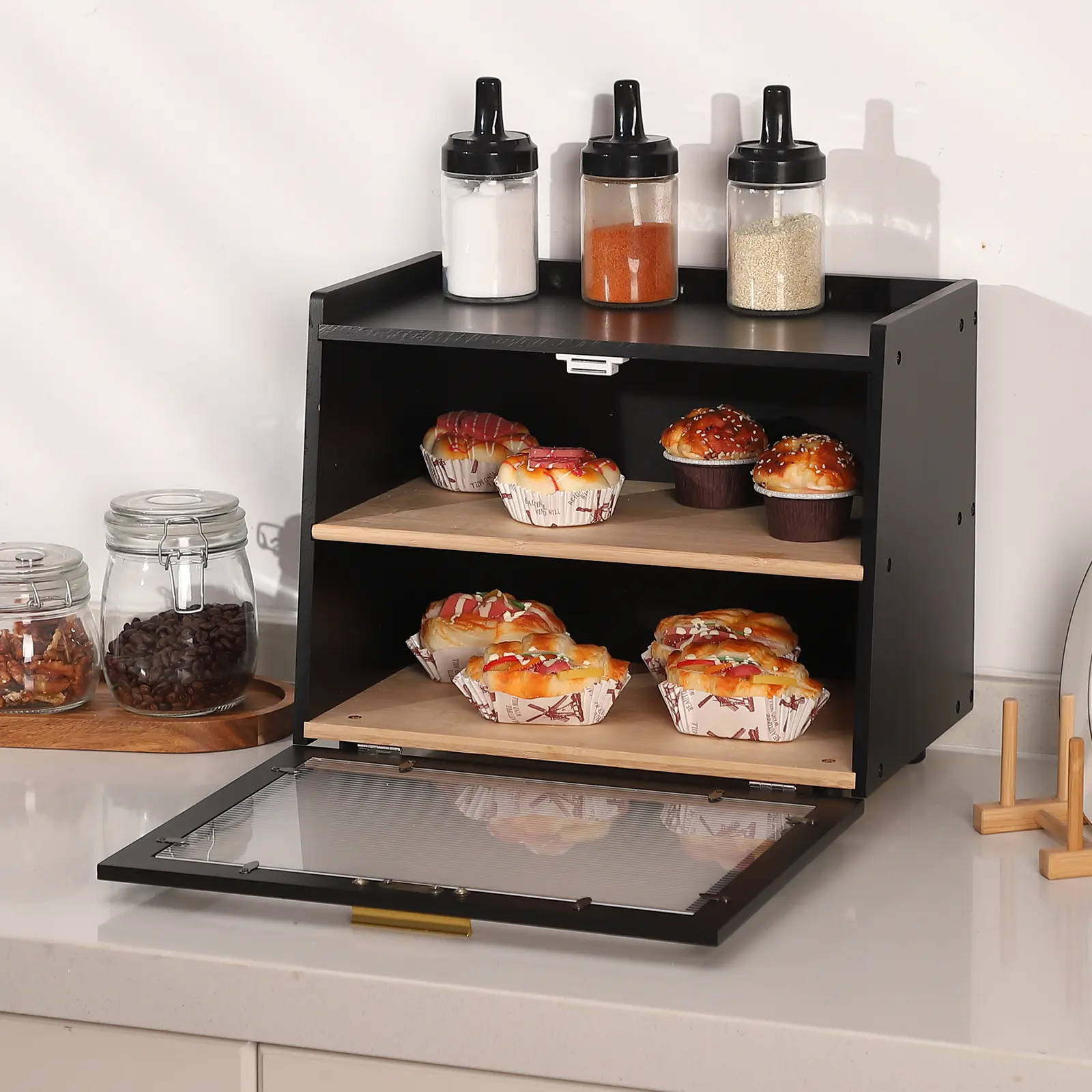 Double Layer Bread Box for Kitchen Counter, Double Layer Large Capacity Bread Storage Container Farmhouse Bread Box With Window, Natural Bamboo