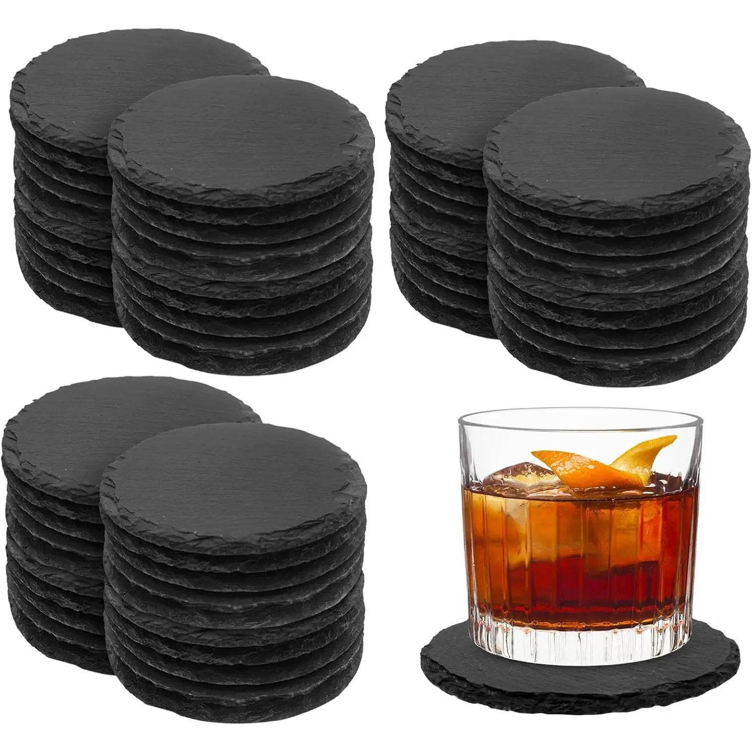 Sturdy 60-Piece 4-in Round Black Slate Stone Coaster Mat Set, Laser Engraving Blanks with Anti-Scratch Bottom, Ideal for Home, Birthday Occasions