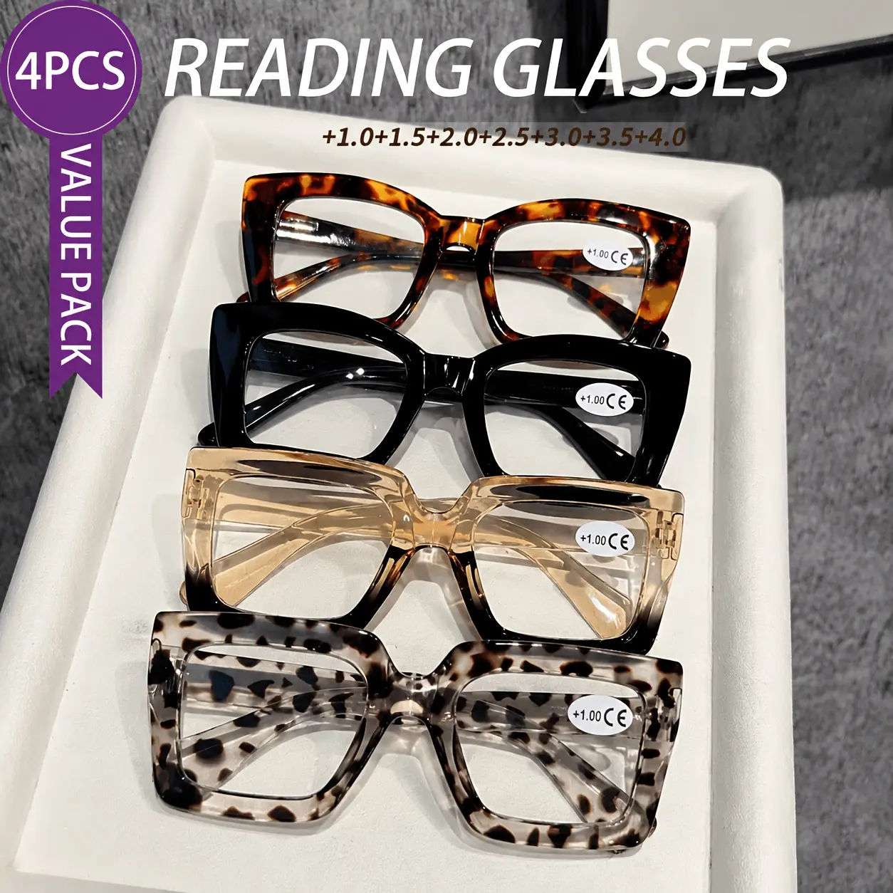 VIOLA MAG 4pcs Value Pack Women'S Oversized Square Reading Glasses Vintage Tortoise Leopard Black Gradient Frame Anti Blue Light Presbyopia Eyewear 1.0X-4.0X