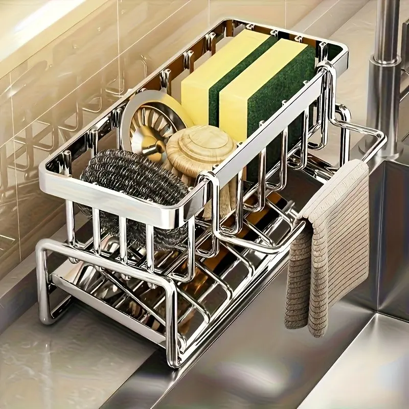1PC Stainless Steel Kitchen Sink Organizer Rack with Drainage, Multiple Storage Spaces, Space-Saving Design, Modern Kitchen Accessory