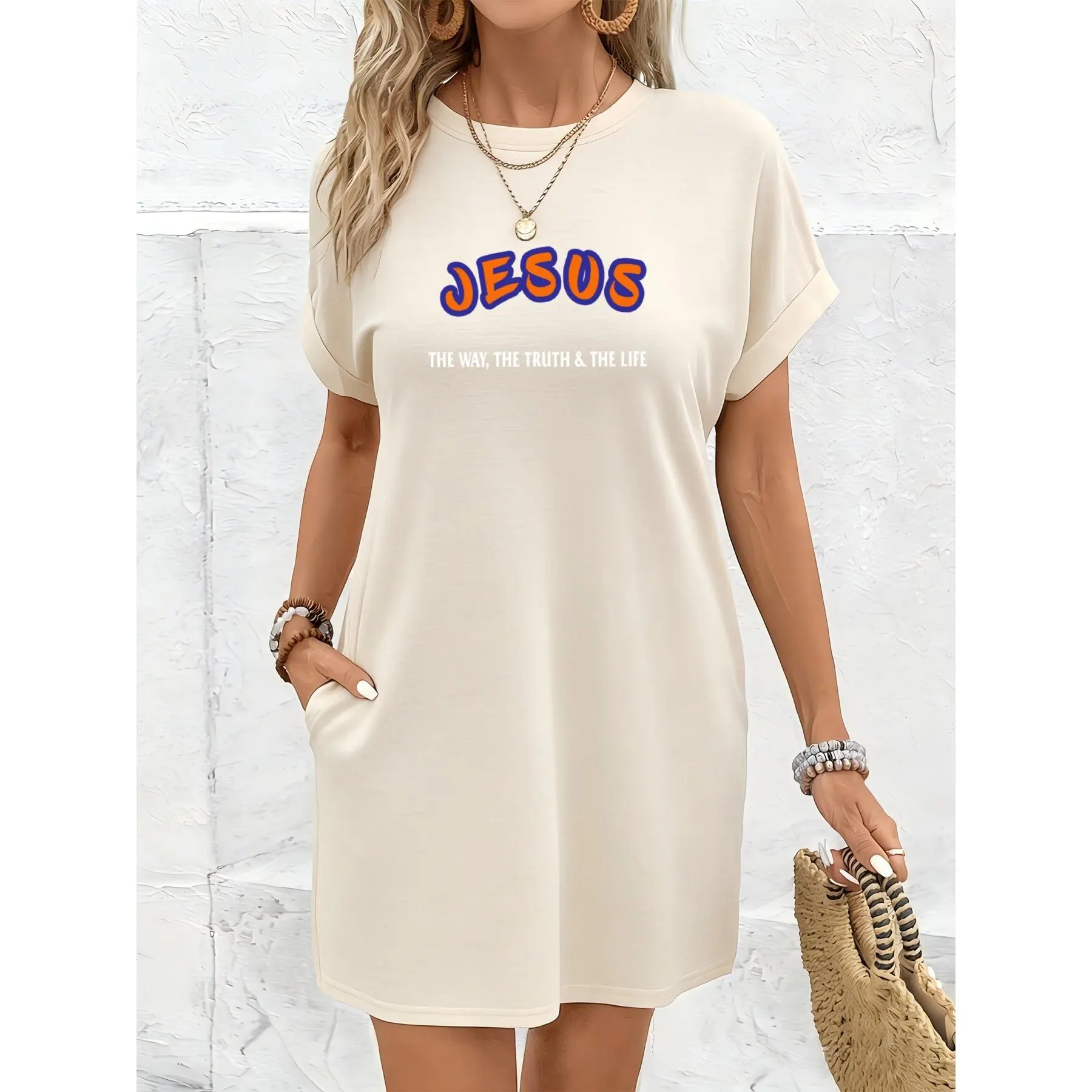 Jesus Shirt Dress Women, Christian Graphic T-Shirt Dress, Faith Based Outfit, The Way The Truth & The Life Letter Print Tee, Loose Casual Mini Dress with Pockets