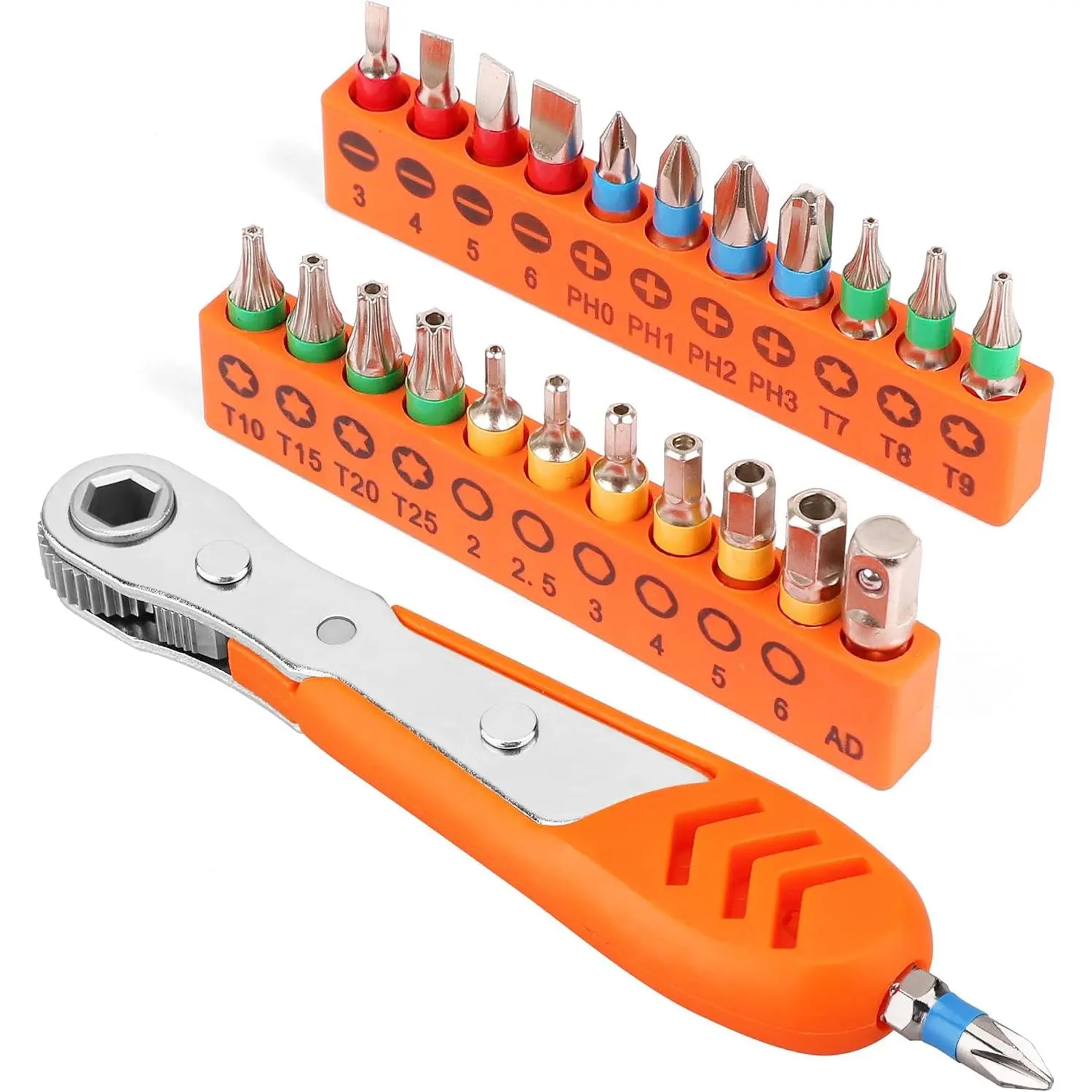 23pc 1/4" Low Mini Ratchet Screwdriver Set – Tamper Resistant Star Bits, 90 Degree Angle Offset Reversible Drive Handle, High Close Quarters Tool with Multi Hex Bits