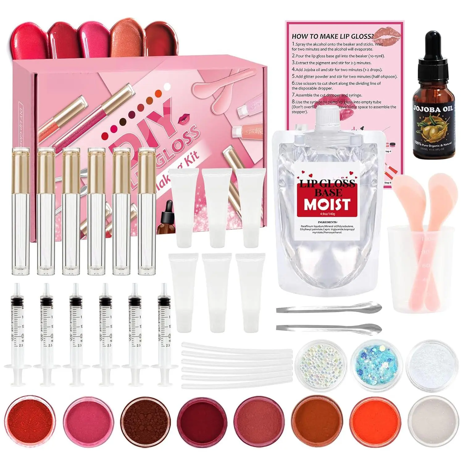 Lip Gloss Making Kit, Lip Gloss Kit, Diy Lipgloss Set, Fun Make Your Own Lipgloss Kids Lip Gloss for Girls, Women, Moisturizing Lip Gloss Base, Jojoba Oil, Tubes, Gift for Her