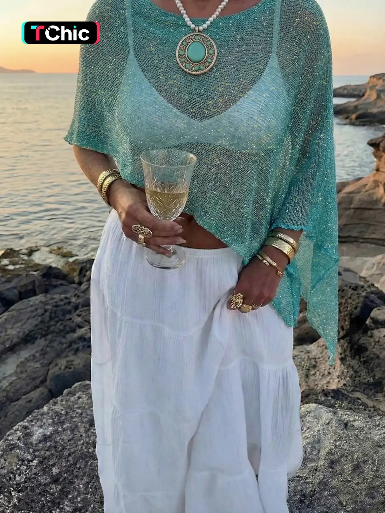 Teal Glitter Hollow Knit Cropped Cover Up Top, Women Boat Neck Dolman Short Sleeve Irregular Hem Sheer Bikini Pullover Blouse, Summer Tropical Beach Sunset Resort Casual Vacation Outfit, Swimsuit Coverups