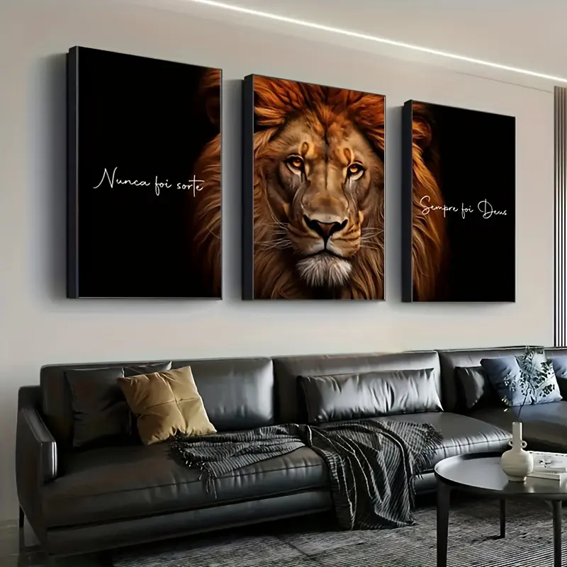 2D flat painting, 3-piece set of large lion wall art canvas paintings - modern minimalist style, suitable for home and office decoration, lion print painting with the quote "Never Lure But God"