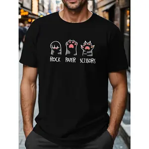 Men's Rock Paper Scissors Iconic RPS T-Shirt - Plus Size Cat Paw Short-Sleeve Round Neck Top, Casual Layer for Summer, Gaming Tournaments, Machine Washable Apparel