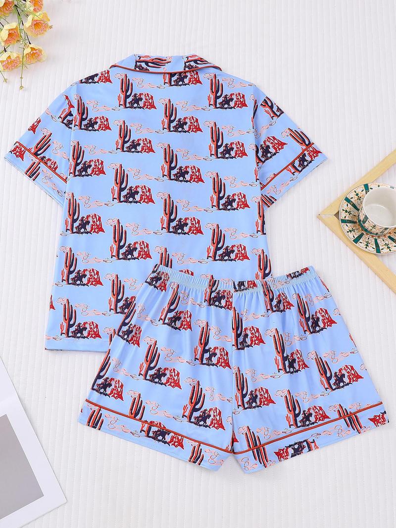 Women's All Over Cowboy Print Lapel Shirt & Shorts Pajama Two-piece Set, Casual Comfy Short Sleeve Top & Shorts PJ Set, Ladies Summer Sleepwear