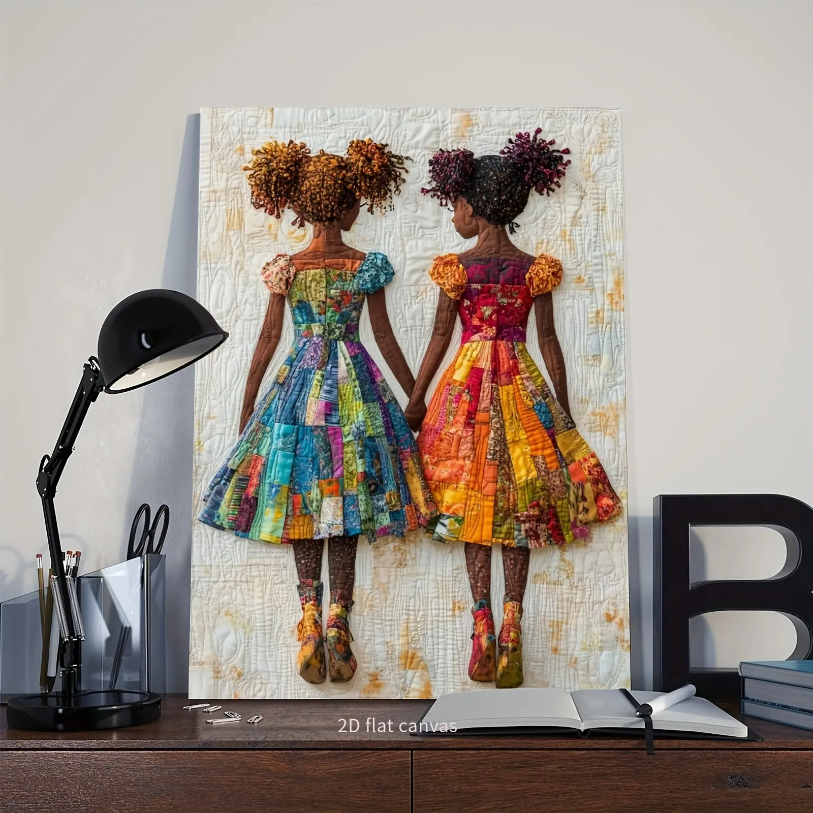 1Pc 2D Flat Abstract Dress Little Girl Holding Hands Canvas Poster - Home Office Wall Decor, Creative Graduation Gift for Modern Art Enthusiasts