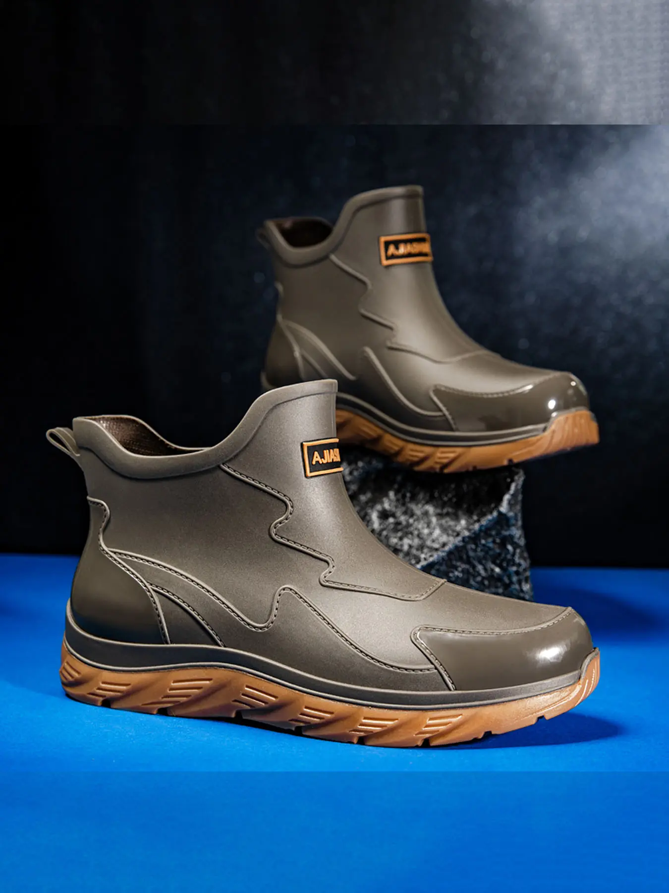 Men's mid-calf rain boots, hiking boots, trail shoes with strong grip, water-resistant shoes, waterproof and slip-resistant shoes for outdoor fishing, thickened and wear-resistant