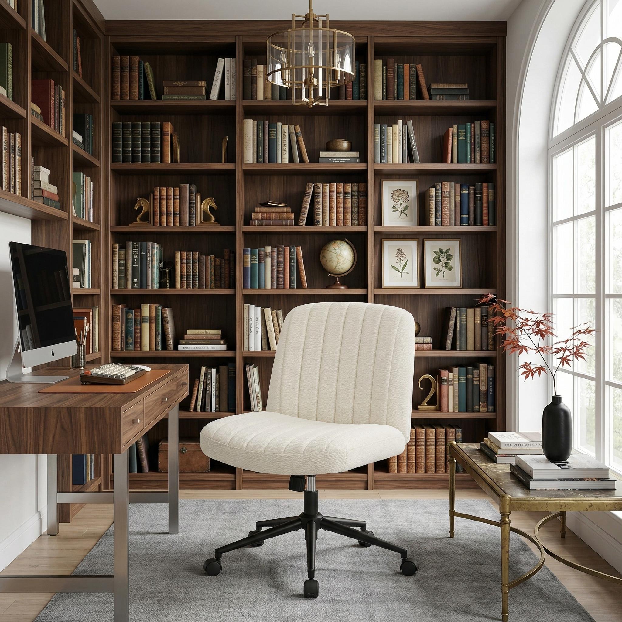 Beige Criss Cross Office Chair with Wheels, Wide Armless Teddy Fabric Desk Chair, Dual-Purpose Base (Wheels/Foot Pads), 26'' Wide Seat, 300Lbs Capacity, Swivel Height Adjustable