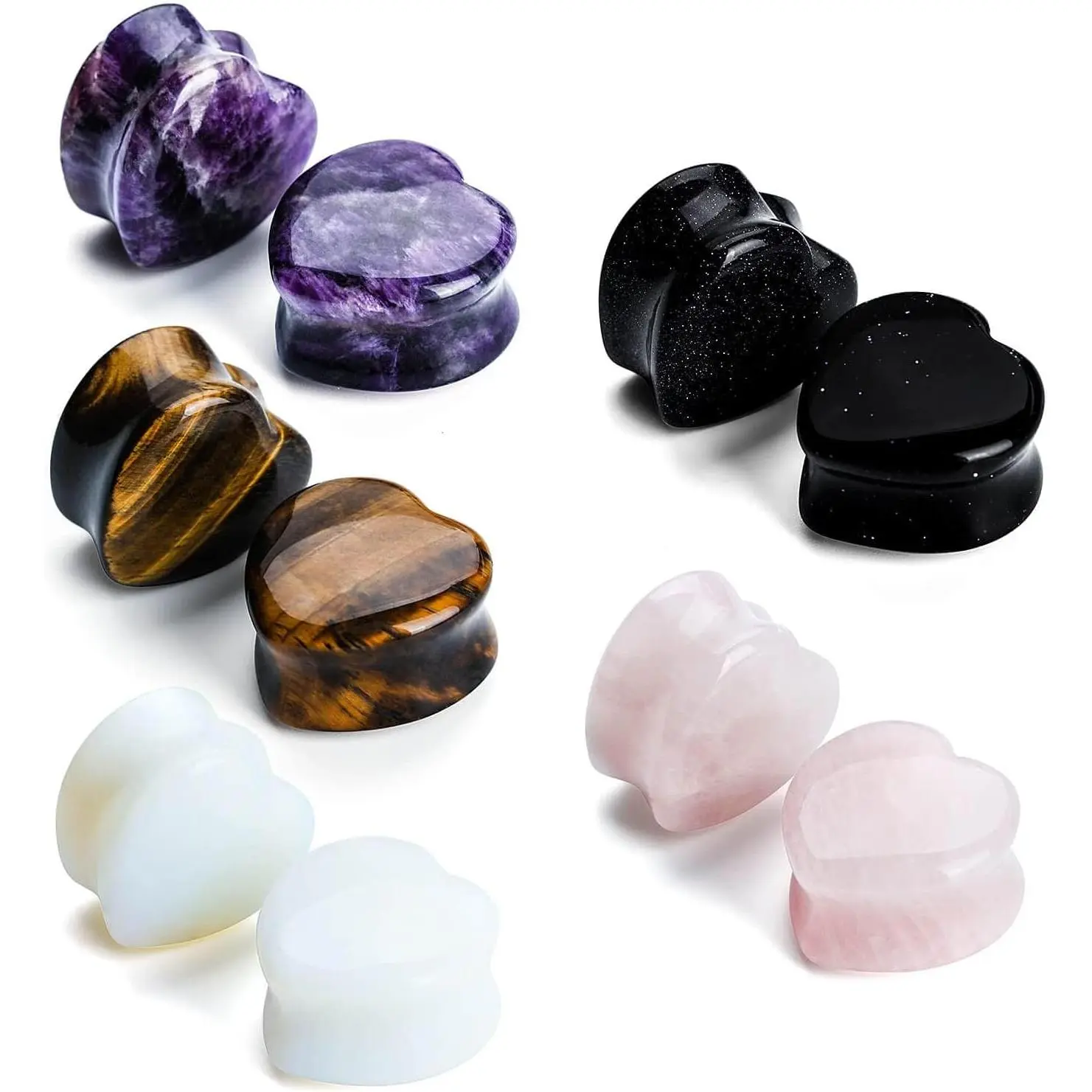 10-Piece Heart Shape Natural Stone Ear Gauges Kit - 6G-20MM Stretching Expanders, 00G(10MM) Plugs Tunnels, Daily Wear Body Piercing Jewelry for All Occasions, Sets, Glam Look