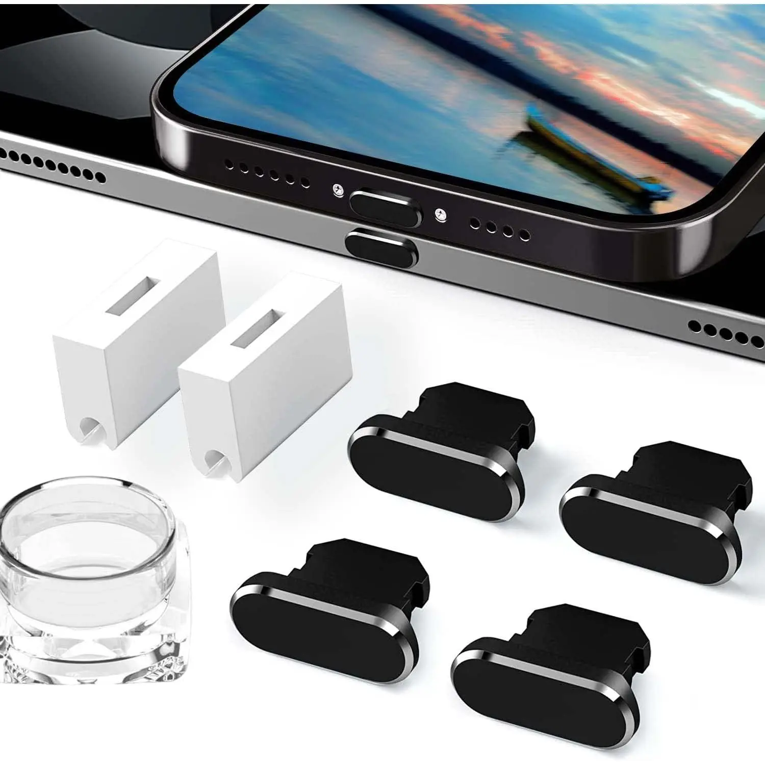 4 Pack Anti Dust Plugs Black  Port Plugs Compatible with  14 Pro Max 13 12 11 Mini Plus iPad Airpods, Metal Covers Protectors  Your Charger Port from Dust/Lint/Water/Lost