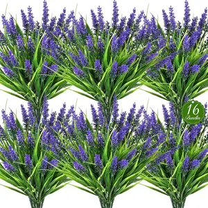 16 Bundles Artificial Plants Outdoor UV Resistant Fake Lavender & Monkey Grass Realistic Plastic Faux Plants for Balcony Patio Porch Greenery Decor Planter Filler(Purple)