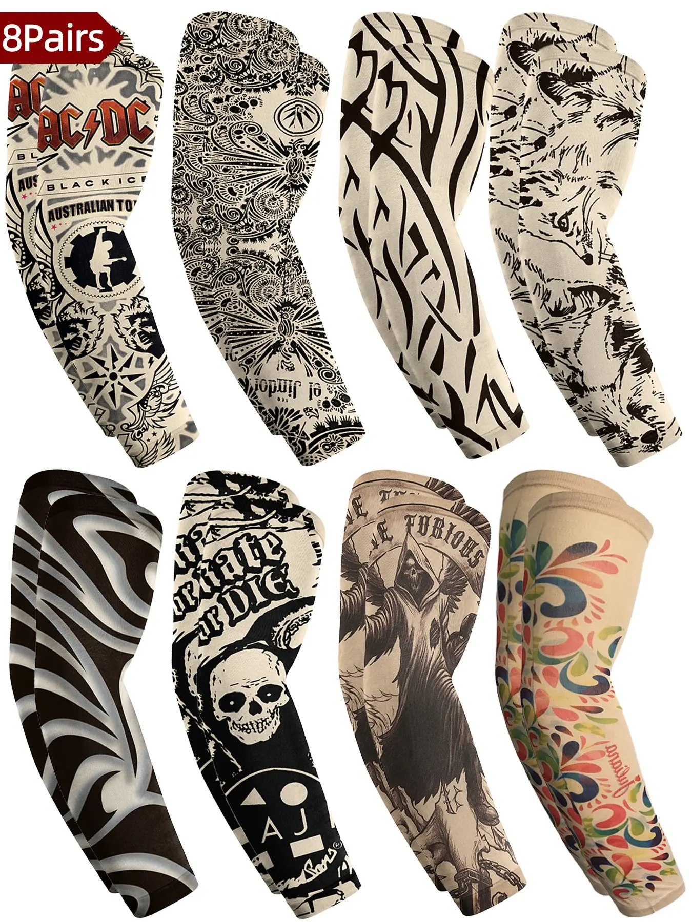 8 Pairs Temporary Tattoo Sleeves for Men Summer Protection Arm Sleeves Fake Tattoo Cover with Skull Pirate Beast Arm Sleeve Tattoos