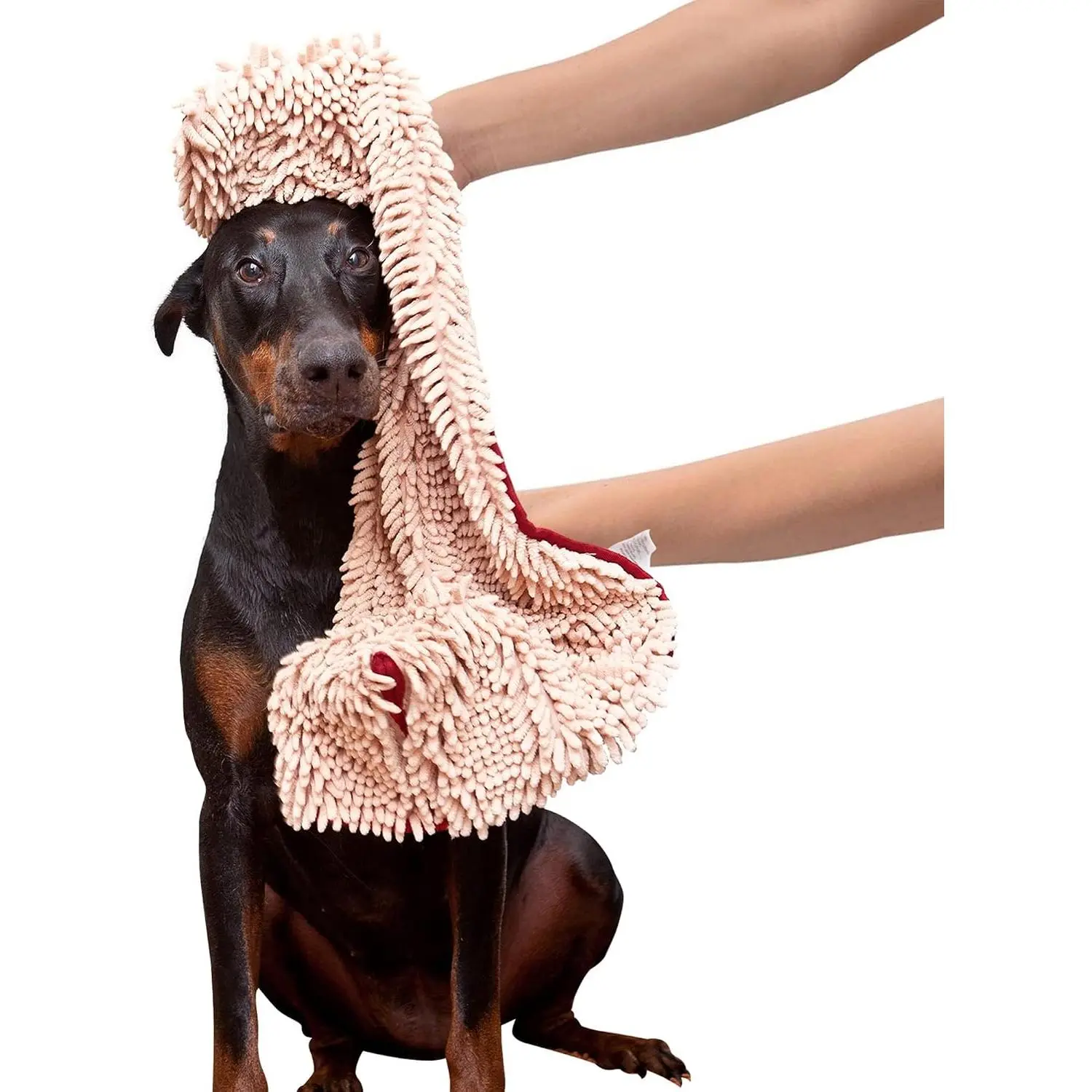 Super Shammy  Towel – Absorbent Microfiber Chenille  Towel for Drying Wet Dogs, Muddy Paws, Quick Dry  Shammy with Hand Pockets, Machine Washable – Beige/Red Trim, 31” x 14”
